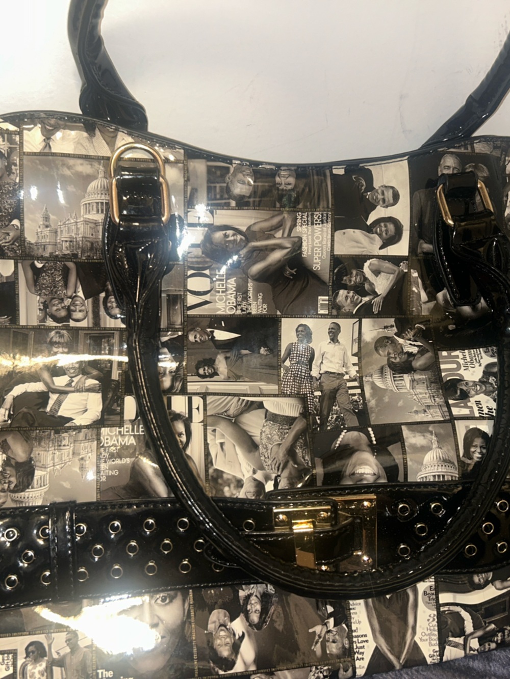 Black Photo-Collage Patent Tote with Gold Hardware